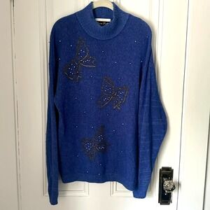 Vintage Dana Scott Blue Silk Angora Beaded Bow Sweater Size L